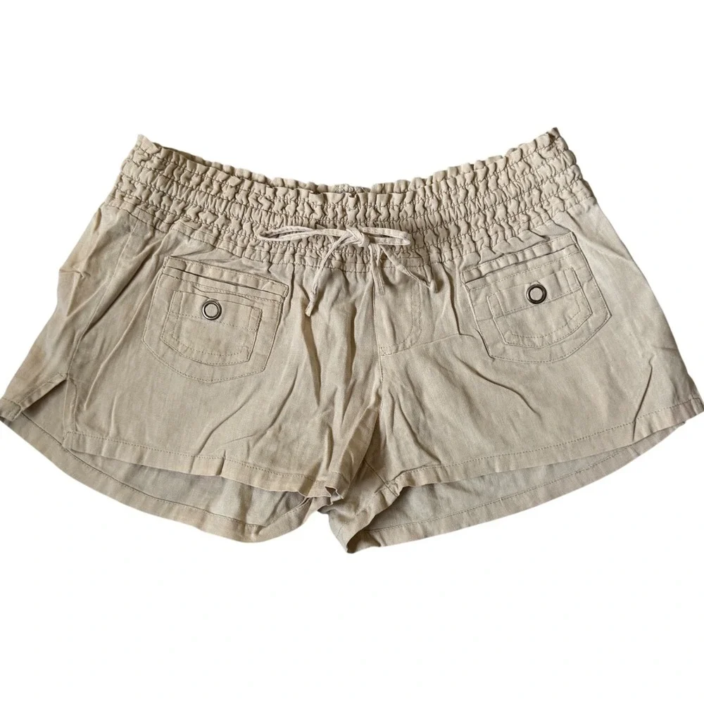 LAGACI Tan Smocked Waist Linen Blend Cargo Shorts Khaki Drawstring Casual Womens